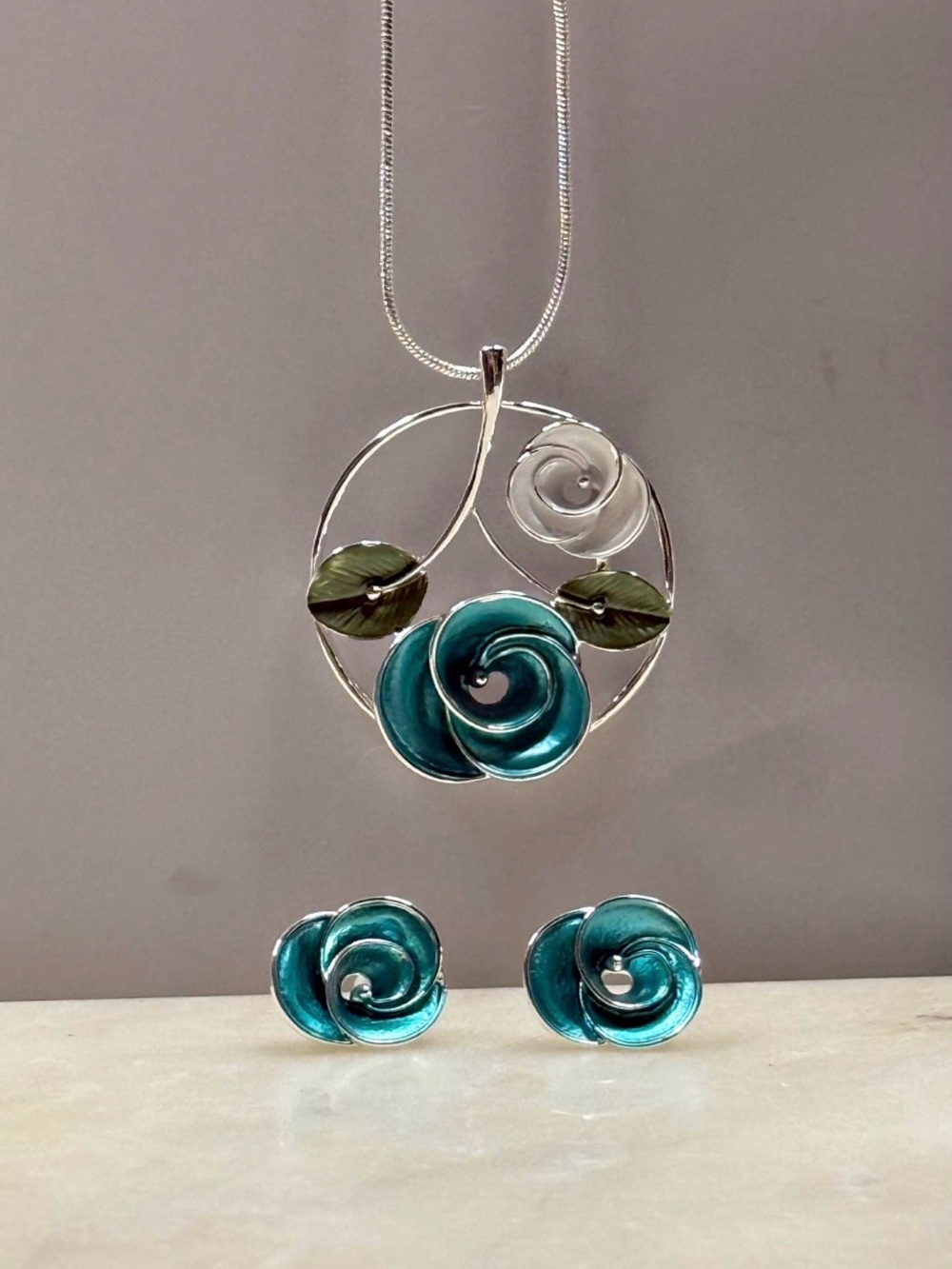 Handcrafted Teal Rose Pendant Necklace and Stud Earrings Set